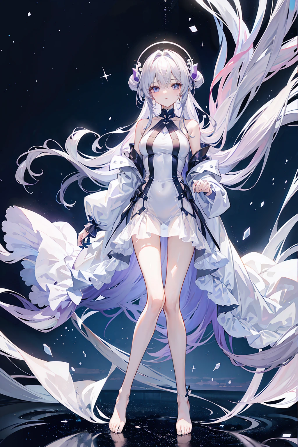 Lilac gradient hair,Asymmetrical hair,((Hair is very thick 1.8,Hair is well-defined1.6)), Hair over the shoulder, messy hair, Very long hair, shinny hair,(Long gray hair:1.2),A beautyful girl,(Luxury Platinum Mini Ultra Short Platinum ,Made of transparent material),(Transparent clothes transparent 1.8),perfect body figure,big thin legs,slenderness,(looking sad,Haggard complexion ,grieves,close your mouth:1.2) Against the backdrop of an unusually bright dark starry sky,(Place your hands behind your back),(Round,tuba, firm breastfoot,afloat,waterface,(long leges,long leges,long leges,Perfect leg shape),Full body photo。