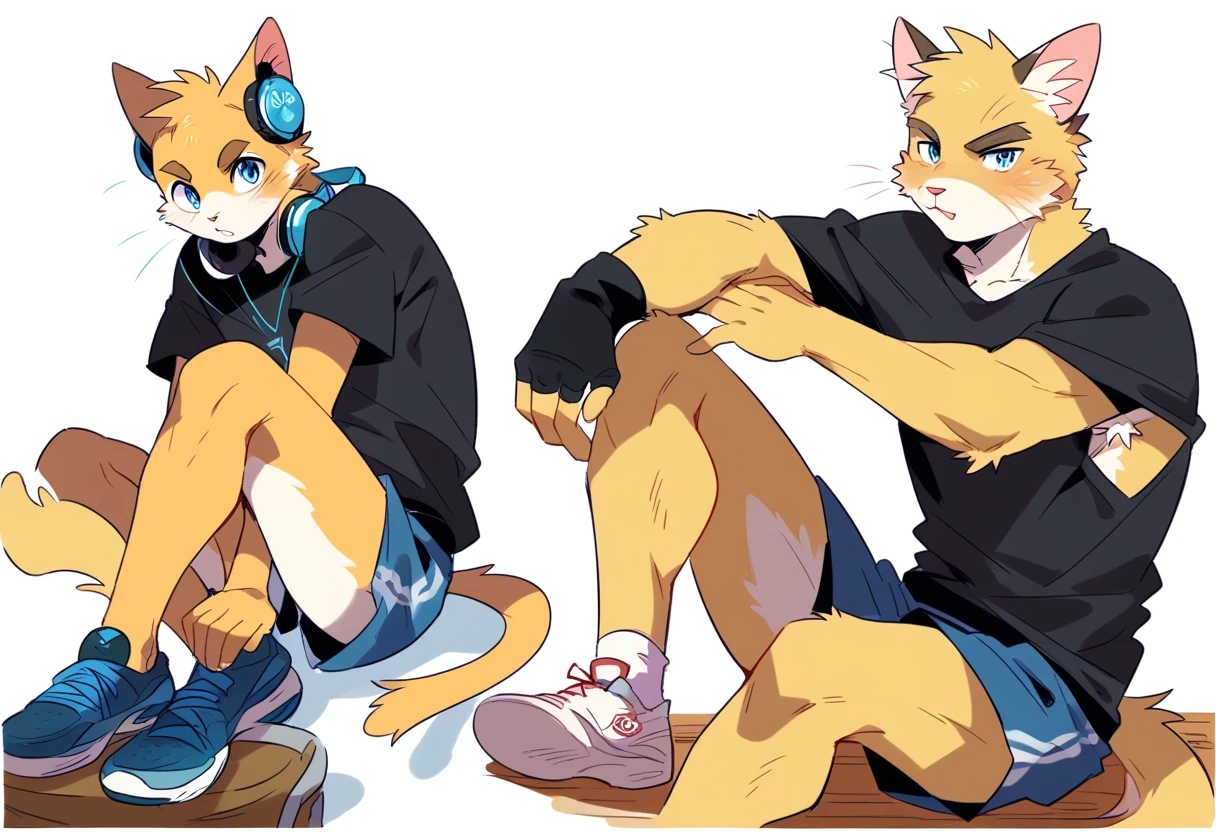 score_9, score_8_up, score_7_up, male, furry, high quality, hires, anthro, teenager, ************, domestic cat, basketball player, bright yellow fur, blue eyes, wide brown eyebrows, confidant expression, humanoid feet, slim body, prominent v-line, prominent abs, prominent legs, prominent forearm, prominent knees, white background, treasure trail, armpit hair, furry legs, in various sexy poses, headphones, casual clothes, joggers, black shirt, shorts, sitting, showing off,