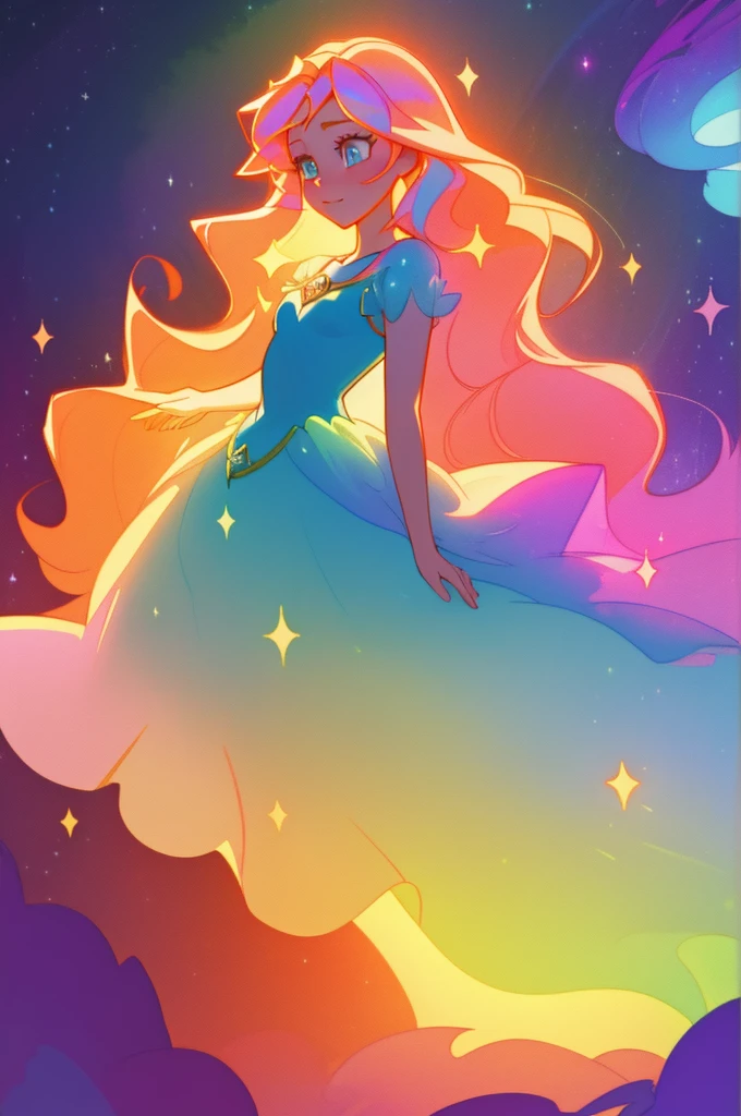 beautiful girl, puffy tiered rainbow ballgown, princess, intricate dress design, (colorful), long wavy hair, magical lights, sparkling magical liquid, inspired by Glen Keane, inspired by Lois van Baarle, disney art style, by Lois van Baarle, glowing aura around her, by Glen Keane, jen bartel, glowing lights! digital painting, flowing glowing hair, glowing flowing hair, beautiful digital illustration, fantasia background, whimsical, magical, fantasy, ((masterpiece, best quality)), intricate details, highly detailed, sharp focus, 8k resolution, sparkling detailed eyes, liquid watercolor