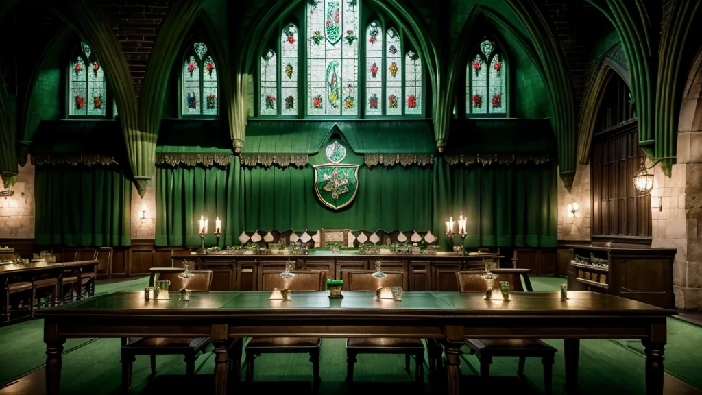 Slytherin Common Room,Hogwarts,Fantasy,Green curtain,Located underground,Large windows,Green light,dim,Moody,sofa,Luxurious long desk,glass,Vial,Parchment interior,Silver and green decoration,Highest quality,masterpiece
((Harry potter))
((Hogwarts))
((Hogwartsレガシー))