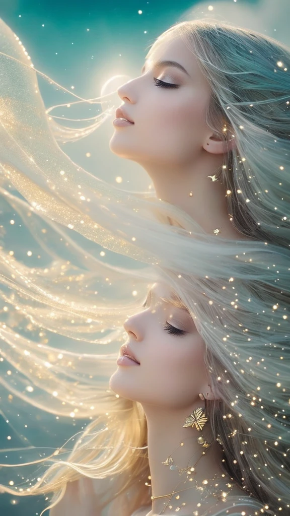 Visual elements to include:

	1.	Ethereal Lips: Central to the image, softly glowing, symbolizing the space where emotions converge.
	2.	Whisper of Light: Gentle, radiant beams emanating from or around the lips.
	3.	Golden Butterfly: Gracefully flying near the lips, its wings gently flapping.
	4.	Foam and Milk Ocean: Waves flowing from the lips, blending seamlessly into the scene.
	5.	Pearly Bridges: Fragile and iridescent, connecting various elements of the image.
	6.	Mists and Echoes: Delicate, whisper-like, surrounding the lips and waves.
	7.	Opalescent Drops: Suspended in the air, swirling softly as they ascend towards the stars.
	8.	Stars and Infinity: Background filled with stars, enhancing the sense of endlessness and silence.

Aim for a dreamy, surreal, and serene aesthetic, with a color palette dominated by whites, soft golds, and gentle pastels.