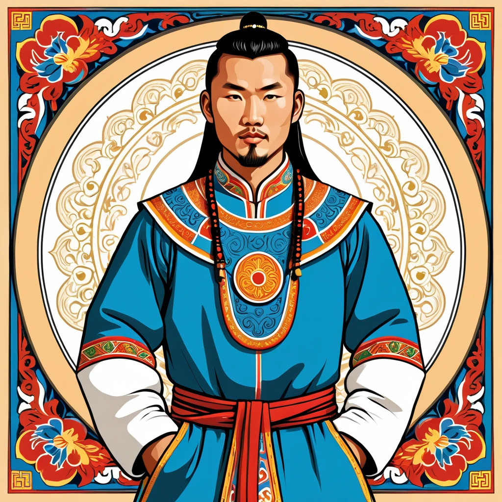 man in mongolia folk outfit, vector graphics, strong contours