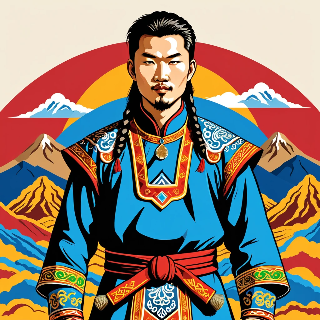 man in mongolia folk outfit, vector graphics, strong contours
