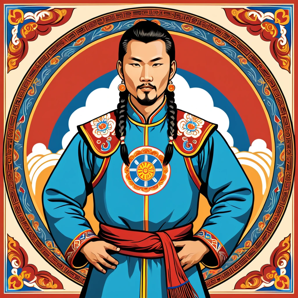man in mongolia folk outfit, vector graphics, strong contours