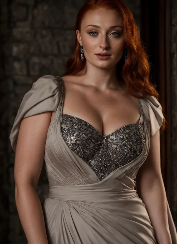 Face of Sophie Turner, Sansa Stark played by Sophie Turner, the de facto Lady of the Eyrie, is a 40-year-old mature queen with a stunning, alluring appearance. Full Face, Full figured woman, pierced eyes, reddish lips, upper body shot, erotic Mediaeval costumes, game of thrones costumes, She wears a Game of Thrones-inspired costume and has a deep cleavage, a perfect thick body, and a perfect thick figure. The photograph captures her in a close-up, with her skin texture and facial features being ultra-realistic and realistic. Juicy thick figure, high quality skin, Skin pores, amazing details, snow, snow flakes, semi realistic, extremely detailed eyes, dark moody orange and black settings, cool environment, artificial intelligence