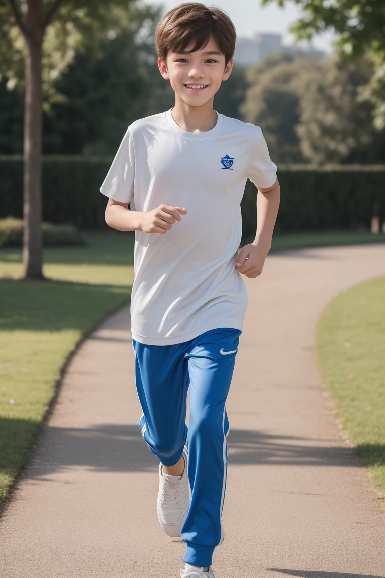 12-year-old boy,Smile，Spread your white and slender legs，jogging，full body，8K facial features are exquisite，Handsome boyish feeling，8k，masterpiece,((best quality)),photography,photograph
