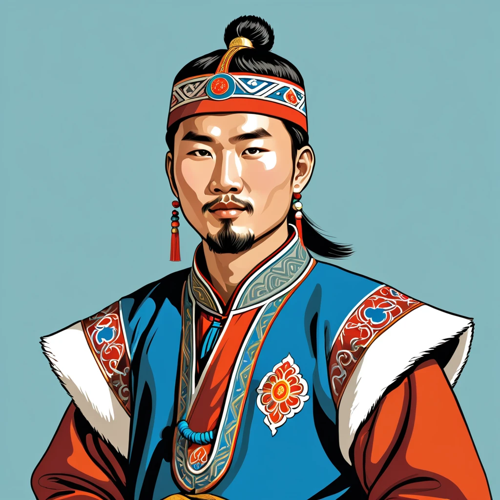 man in mongolia folk outfit, vector graphics, strong contours
