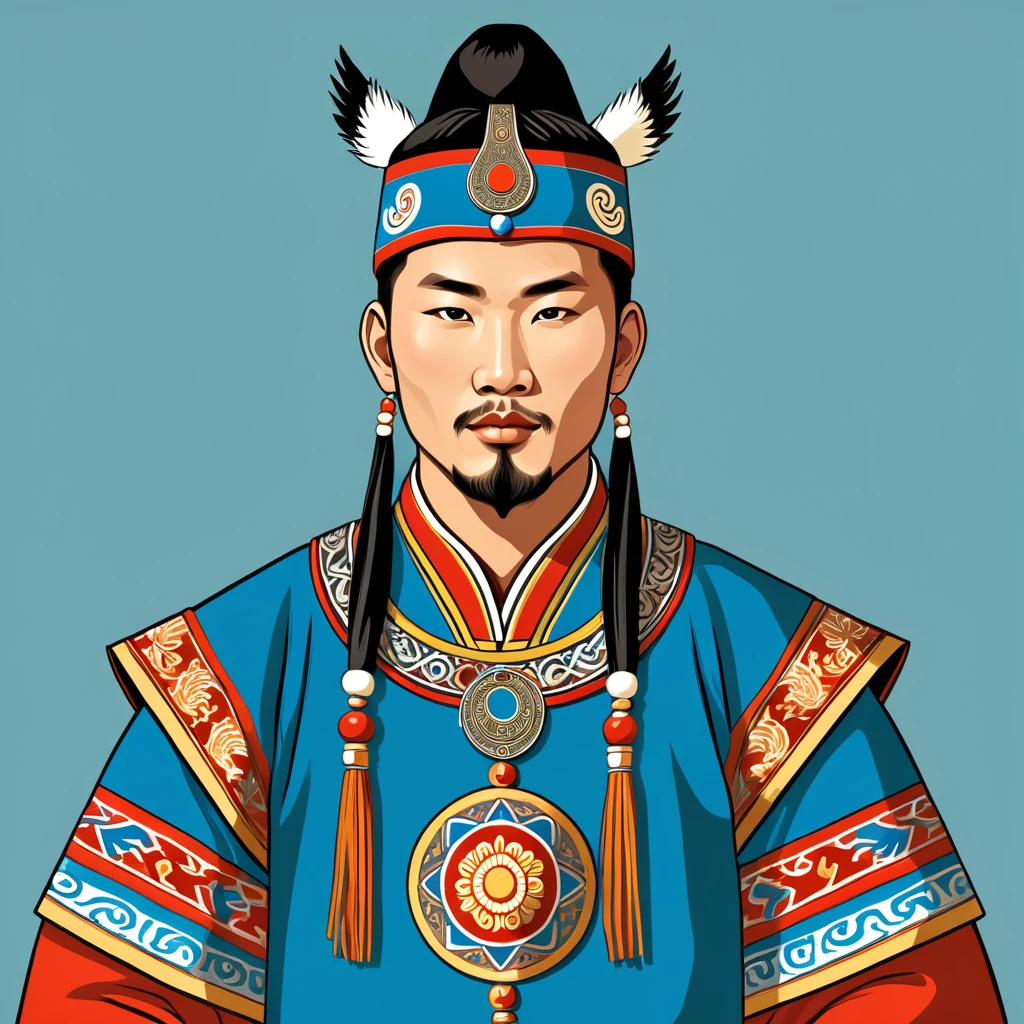 man in mongolia folk outfit, vector graphics, strong contours
