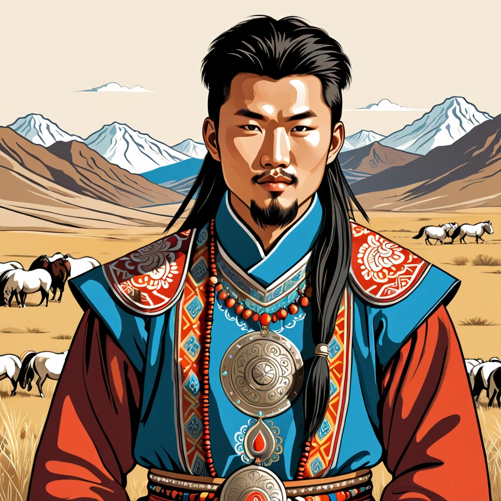 man in mongolia folk outfit, vector graphics, strong contours
