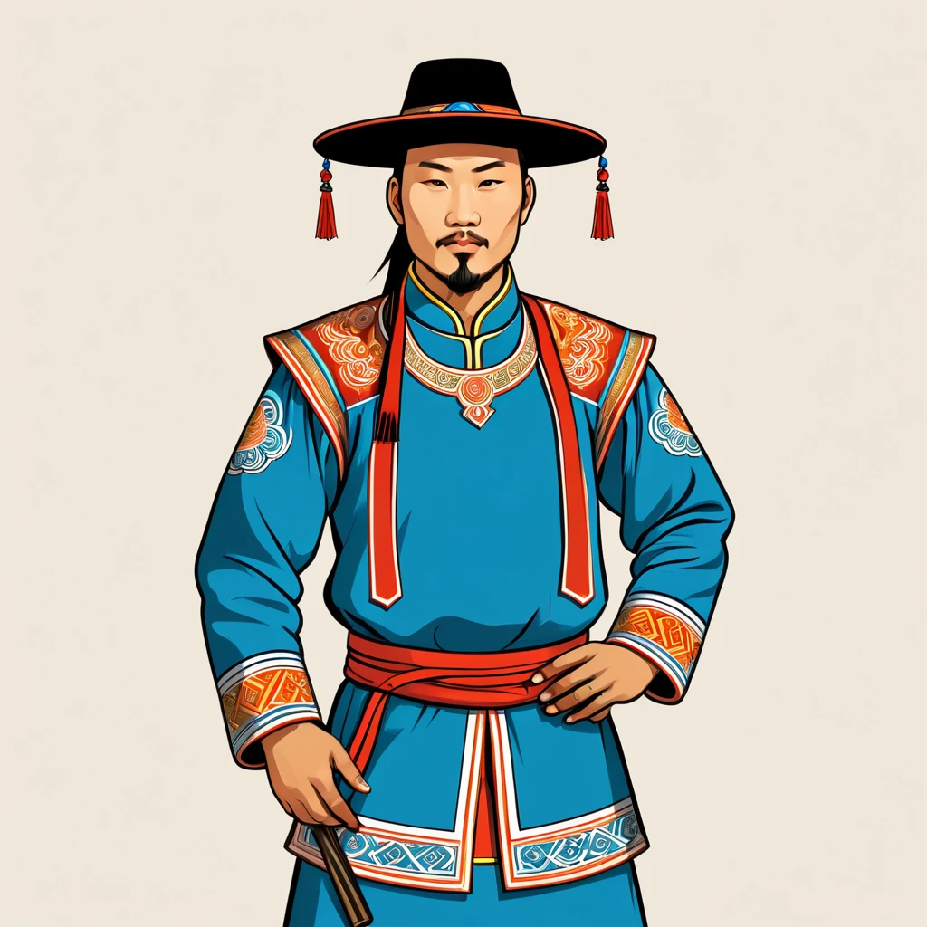 man in mongolia folk outfit, vector graphics, strong contours