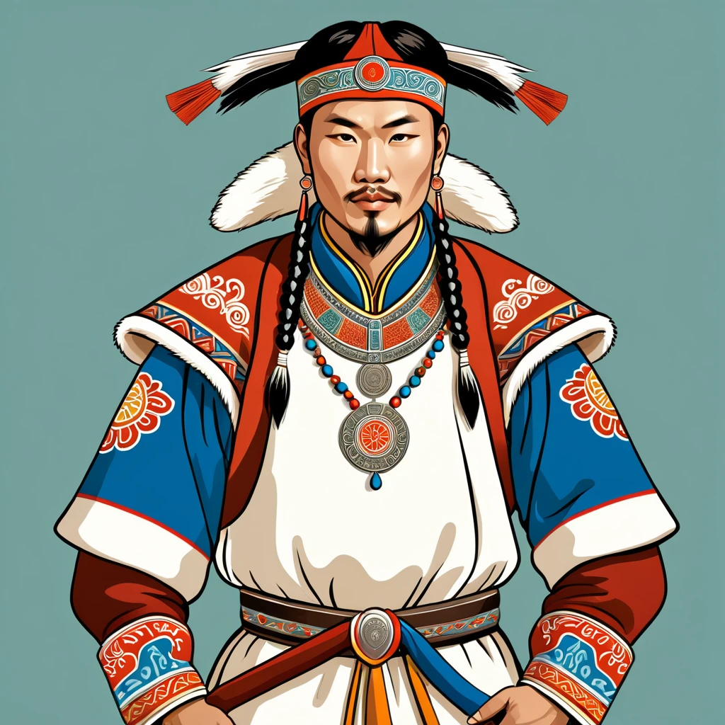 man in mongolia folk outfit, vector graphics, strong contours
