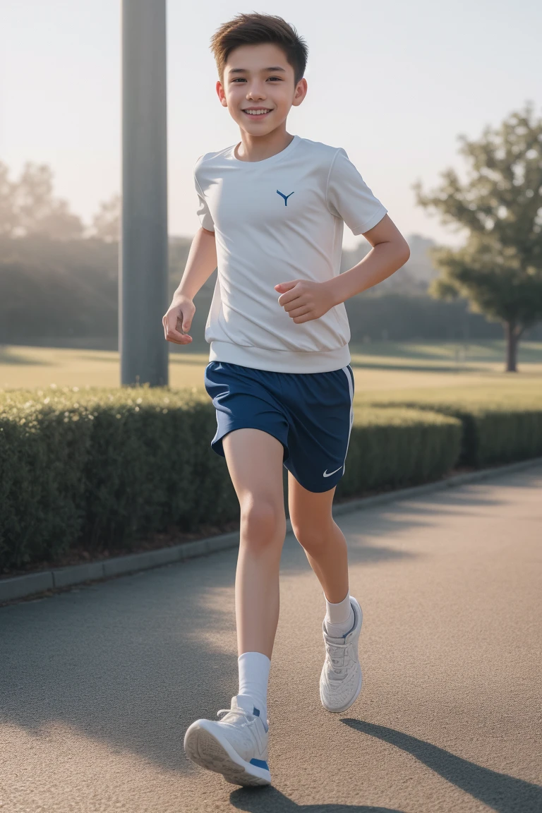 12-year-old boy,Smile,Spread your white and slender legs,jogging,full body,8K facial features are exquisite,Handsome boyish feeling,8k,masterpiece,((best quality)),photography,photograph
