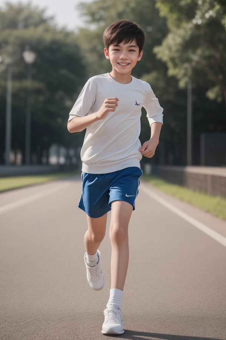 ,Smile,Spread your white and slender legs,jogging,full body,8K facial features are exquisite,Handsome boyish feeling,8k,masterpiece,((best quality)),photography,photograph