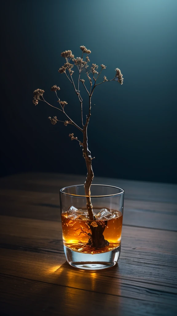 black color tree in a whisky glass, fluffy, Realistic, Refraction of atmospheric light, photograph：Lee Jeffries, Nikon d850 film stock photos 4 kodak portra 400 camera f1.6 Lenses, Rich colors, ultra Realistic Realistic textures, Dramatic lighting, Unreal Engine Trending on Artstation cinestill 800, Style-Glass