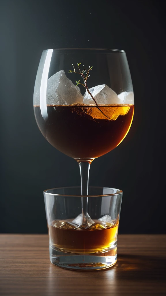 black color tree in a whisky glass, fluffy, Realistic, Refraction of atmospheric light, photograph：Lee Jeffries, Nikon d850 film stock photos 4 kodak portra 400 camera f1.6 Lenses, Rich colors, ultra Realistic Realistic textures, Dramatic lighting, Unreal Engine Trending on Artstation cinestill 800, Style-Glass