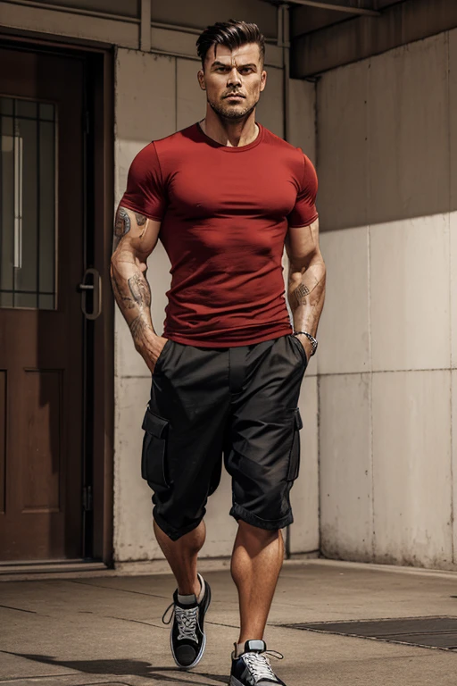 Rough Man Stronger Heroic Presence Serious and strong pose Regular shirt normal sleeve long short with pockets on the sides long short loose with bags on the sides Con sneakers converse Red T-shirt Full body pose dinámica realistic