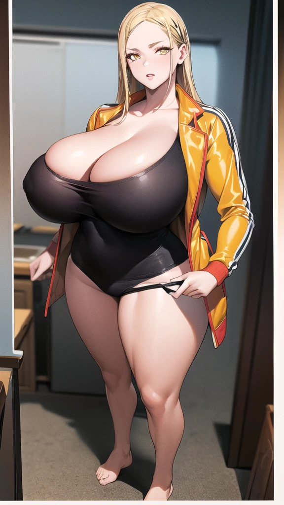 full body, (masterpiece), (best quality), ultra high res, ultra detailed, detailed eyes, intricate, 1girl, blond hair, looking at viewer, huge breasts, cleavage, collarbone, denim, denim shorts, jacket, long sleeves, ((open clothes)), open jacket, partially unzipped, yellow jacket, shirt, short shorts, shorts, tank top, track jacket, unzipped, ((huge breasts, big hips, tight clothes, cleavage, looking at the viewer)), (abs:0.8), blushed, underboob (realistic:1.2), (realism), (masterpiece:1.2), (best quality), (ultra detailed), (8k, 4k, intricate), (85mm), light particles, lighting, (highly detailed:1.2), (detailed face:1.2), (gradients), colorful, (detailed eyes:1.2), (detailed background), detailed landscape, (dynamic angle:1.2), (rule of third_composition:1.3), (Line of action:1.2)