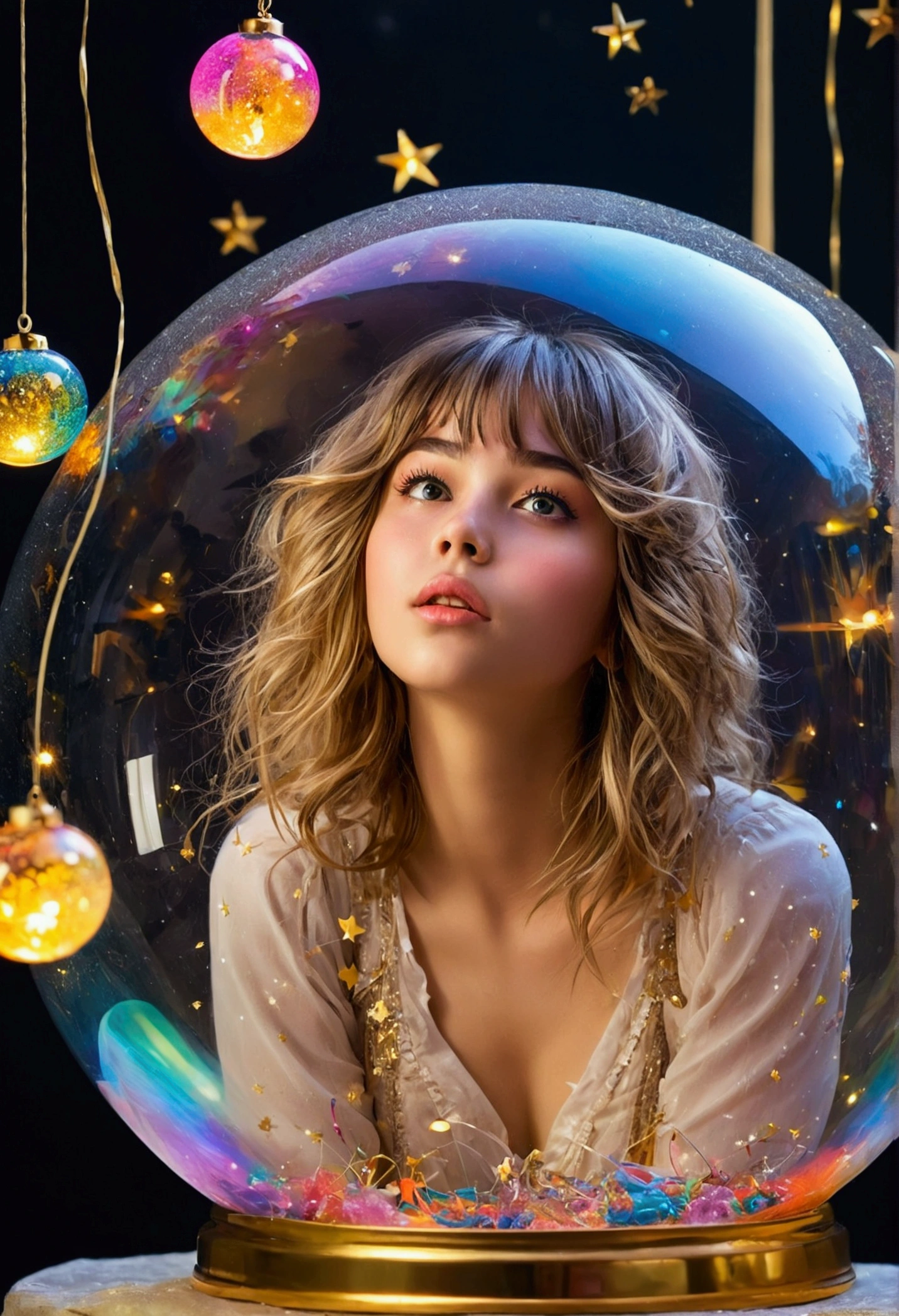 layla (masterpiece), (best quality), (ultra detailed),(disheveled hair),(illustration), (1girl), beautifuldetailedeyes,delicate beautiful face,Floating,(high saturation),(colorful splashes),colorful bubble,(shining),focus on face, sitting inside a glass ball, g;ass cage, golden stars and lanterns