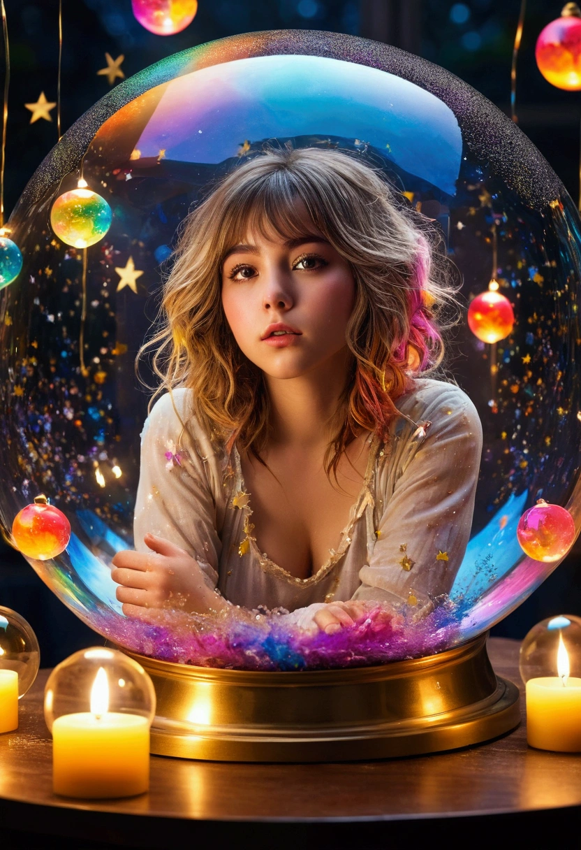 layla (masterpiece), (best quality), (ultra detailed),(disheveled hair),(illustration), (1girl), beautifuldetailedeyes,delicate beautiful face,Floating,(high saturation),(colorful splashes),colorful bubble,(shining),focus on face, sitting inside a glass ball, g;ass cage, golden stars and lanterns