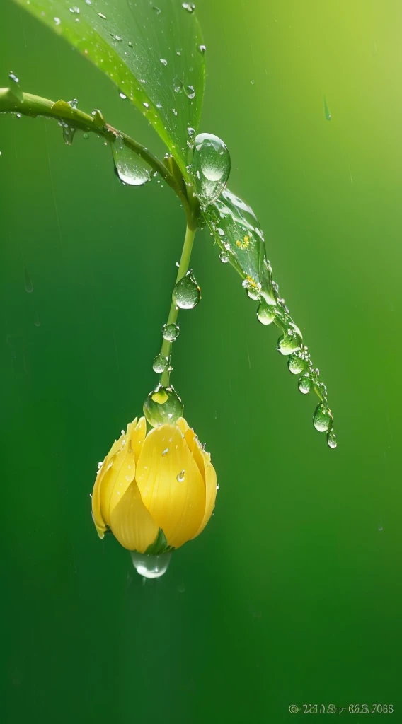 a close up of a yellow flower with water droplets on it, rain drops, dewdrops, after the rain, raindrop, raindrops, after the rain, wet from the rain, raining, water splash, splash, yellow and green, light rain, dew drops, water droplets, exquisite photo, beautiful wallpaper