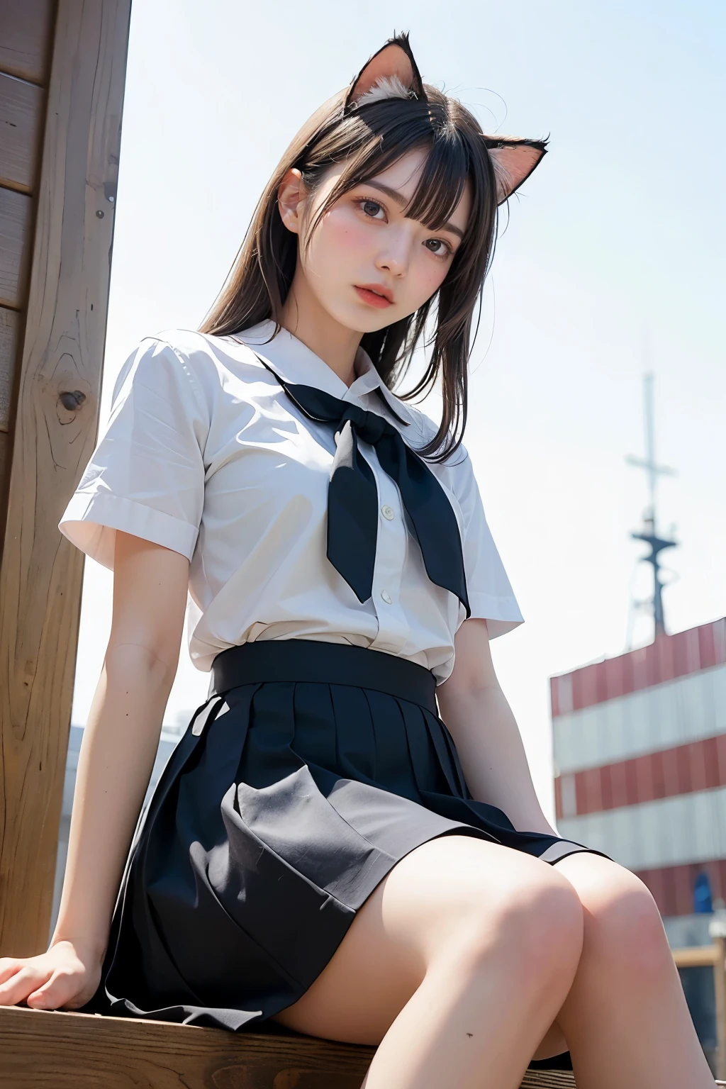 Masterpiece, bokeh, Beautiful face, (Japanese idle:1.6), (summer school uniform:1.3), (sitting in Ship construction site:1.3), (Cat ears:1.3), (From below:1.3),