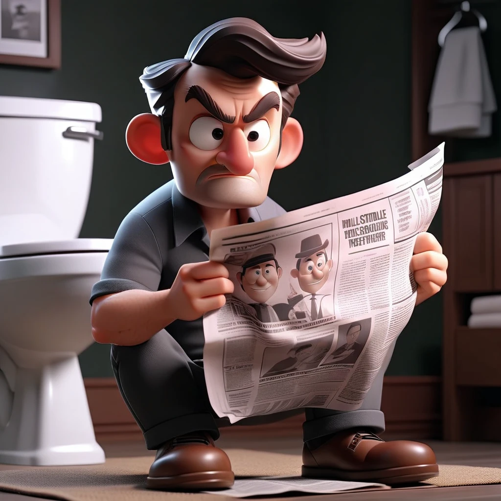 3D cinematic film.(caricature:0.2). 4k, highly detailed,Man Sitting on Toilet and Reading Newspaper