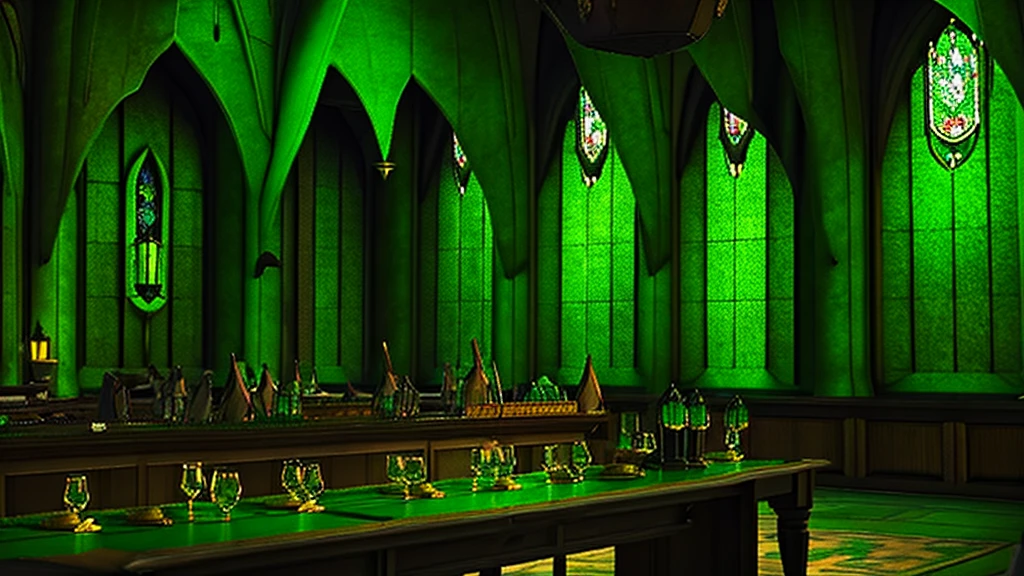 Slytherin Common Room,Hogwarts,Fantasy,Green curtain,Located underground,Large windows,Green light,dim,Moody,sofa,Luxurious long desk,glass,Vial,Parchment interior,Silver and green decoration,Highest quality,masterpiece
((Harry potter))
((Hogwarts))
((HogwartsLegacy))