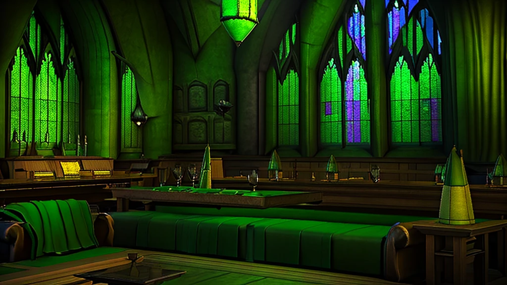 Slytherin Common Room,Hogwarts,Fantasy,Green curtain,Located underground,Large windows,Green light,dim,Moody,sofa,Luxurious long desk,glass,Vial,Parchment interior,Silver and green decoration,Highest quality,masterpiece
((Harry potter))
((Hogwarts))
((HogwartsLegacy))