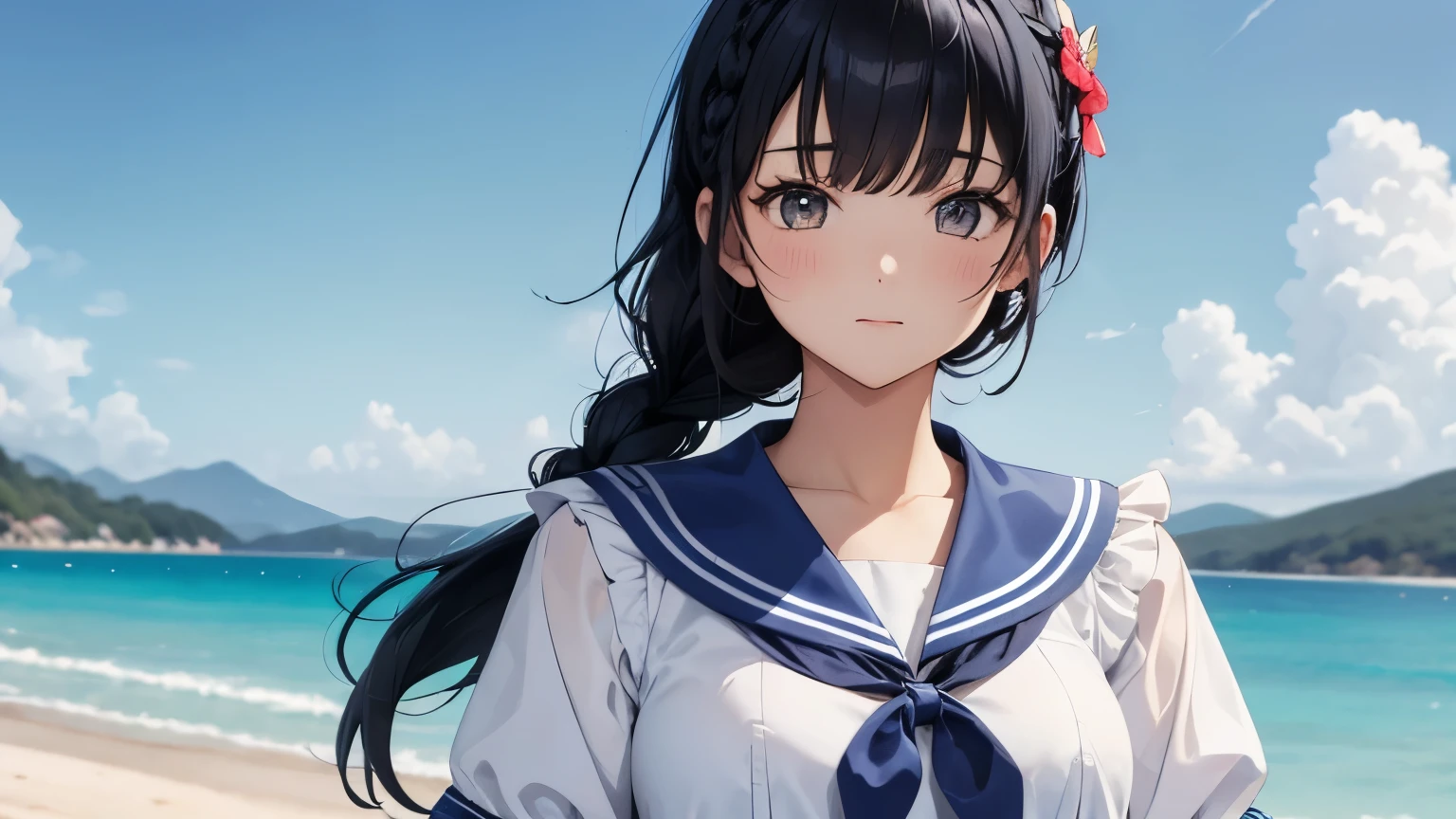 A beautiful woman wearing a blue sailor suit with lots of frills and lace Black hair braid with hair ornament Upper Body