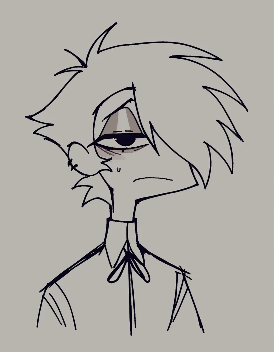 zPDXL, score_9, score_8_up, score_7_up, source_anime, BREAK
sketch, flat color, 1guy, solo, black eyes, vivziepop, helluva boss, portrait, hair over one eye
