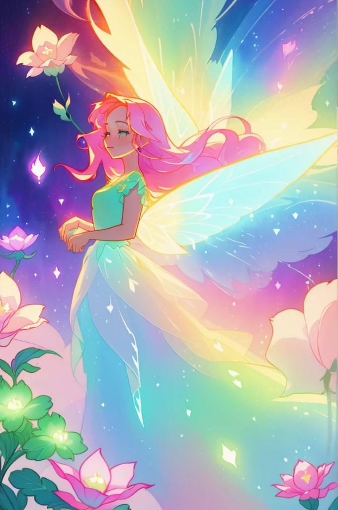 beautiful girl in flowing liquid dress, fairy dress, fairy queen, magical otherworldly landscape, (glowing fairy wings), glowing flowing ballgown, long hair, sparkling fairy wings, watercolor illustration, flowers and colorful plants, inspired by Glen Keane, inspired by Lois van Baarle, disney art style, by Lois van Baarle, glowing aura around her, by Glen Keane, jen bartel, glowing lights! digital painting, flowing glowing hair, glowing flowing hair, beautiful digital illustration, fantasia otherworldly landscape plants flowers, beautiful, masterpiece, best quality, anime disney style