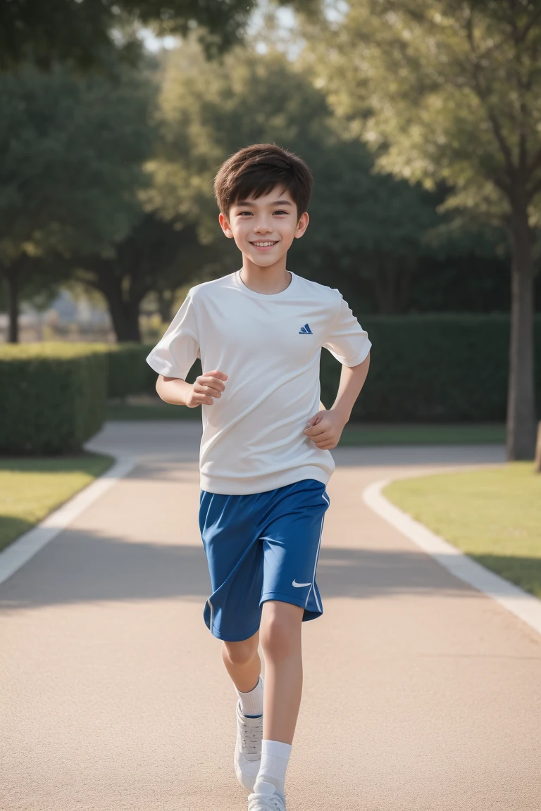12-year-old boy,Smile，Spread your white and slender legs，jogging，full body，8K facial features are exquisite，Handsome boyish feeling，8k，masterpiece,((best quality)),photography,photograph
