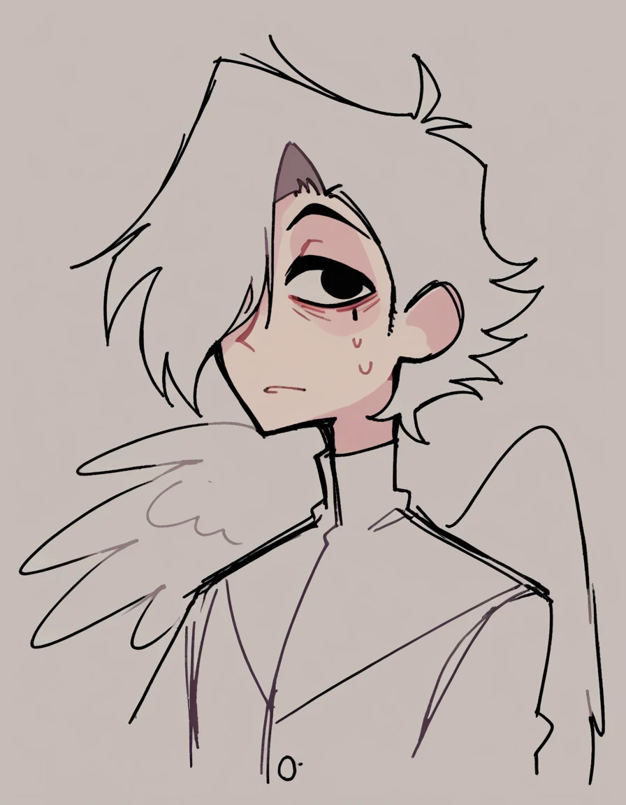 zPDXL, score_9, score_8_up, score_7_up, source_anime, BREAK
sketch, flat color, 1guy, solo, black eyes, vivziepop, helluva boss, portrait, hair over one eye, priest, angel wings