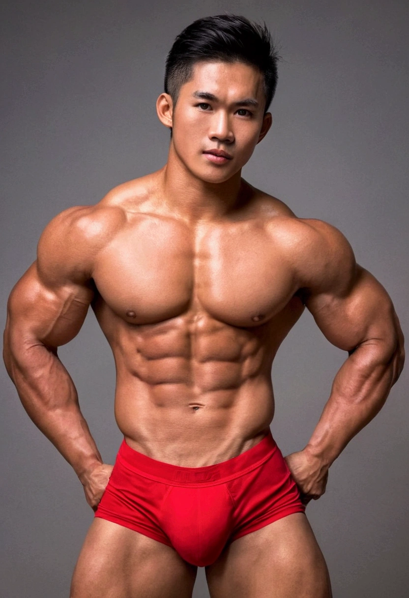 naked hairy thai model asian,wear red underwear,sexy, hyper muscular, six pack, full body shooting , body builder , flexing muscle 