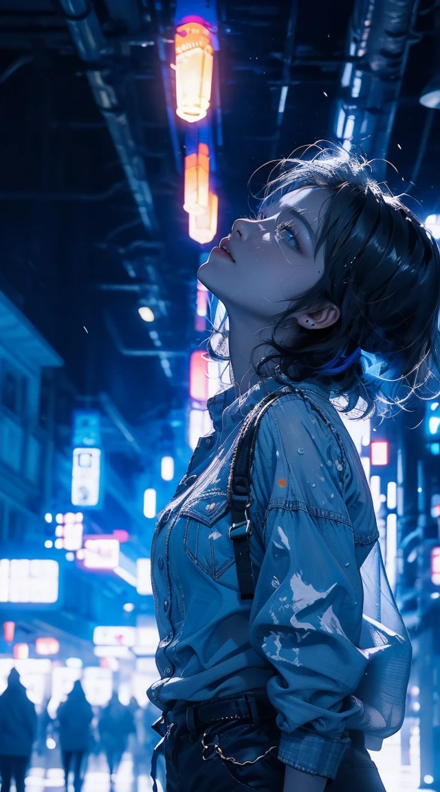 master paintings，optimal quality，rain，adult woman，beauty、very depressive，With short black hair，is crying，Looking up at a cloudy sky、Neon street in the background、neon color is blue.