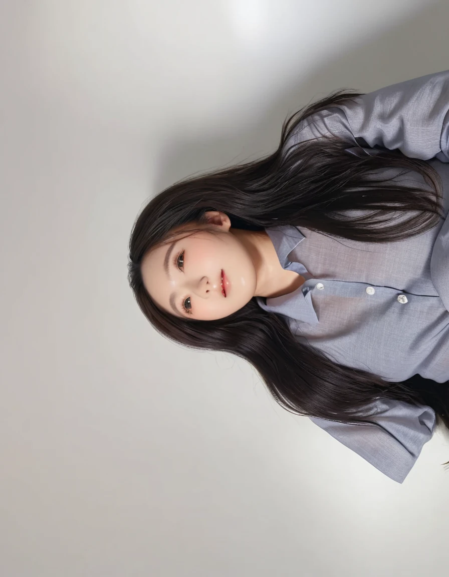 Best Quality, 8k, Masterpiece, (Portrait: 1.3), (photo realistic:1.4), (hyper realistic:1.4), Sharp Focus, looking at viewer, (smoother lighting:1.1), (increase cinematic lighting quality:0.9), realistic lighting, backlighting, light on face, ray trace, (brightening light:1.2), (Increase quality:1.4), sharp detail, (best quality real texture skin:1.4), finely detailed eyes, black_eyes, finely detailed face, 25 year old Korean woman, (white formal_shirt:1.4), (Create an image maintaining the original base model hairstyle:1.5)