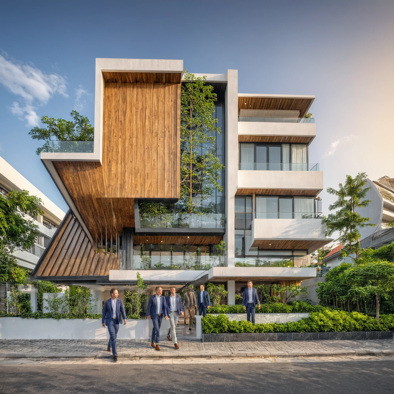 modern townhouse on street, (sunset), tropical tree, vivid colour, streetcapes, white tone, white wall, large glass door, (warm interior lighting:1.2), wood and marble, best quality, 18ArchiAI_VL-v1