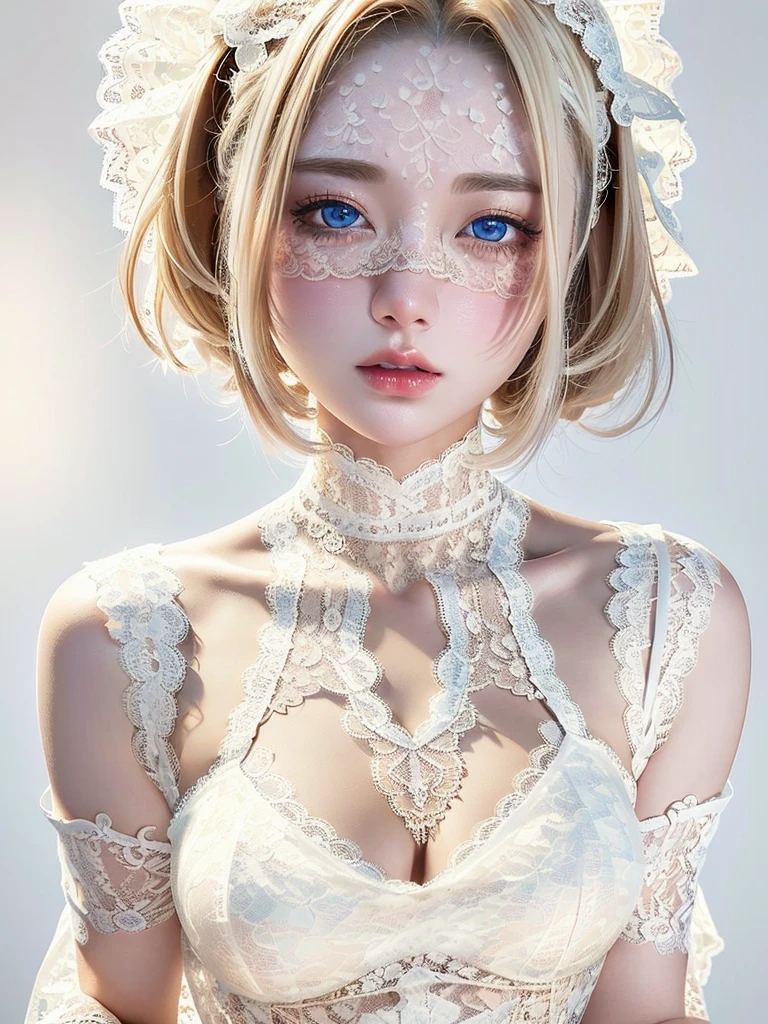 8k,Confused, High resolution, Very detailed, 1 girl, alone, Very beautiful eyes, Ultra-precise depiction, artistic、Very detailed depiction, (Tangled:1.2), , (White high key background:1.5), (((Lace dress:1.5))), See through、Off the shoulder、、 short hair、Platinum Blonde Hair, (Glowing Skin), Many colors, , (Shooting from the air:1.2),、Flat Body、slim、cute、、Round face、Cast a Shadow、See through、