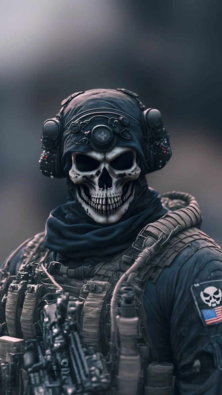 Close up of a person wearing a skull mask and helmet, 8k Highly Detailed ❤🔥 🔥 💀 🤖 🚀, Dark digital art, But in detail, Profile picture, Bandana Skull, Profile picture 1024px, ( ( ( Skeleton 1.2) ) ), threateningly. Unreal 5, Special forces portrait with mask, Ready to fight, Clean digital rendering, Realistic Soldier(((Full body image 1.5)))