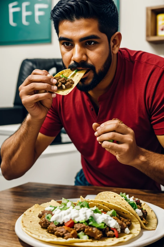A Mexican eating tacos