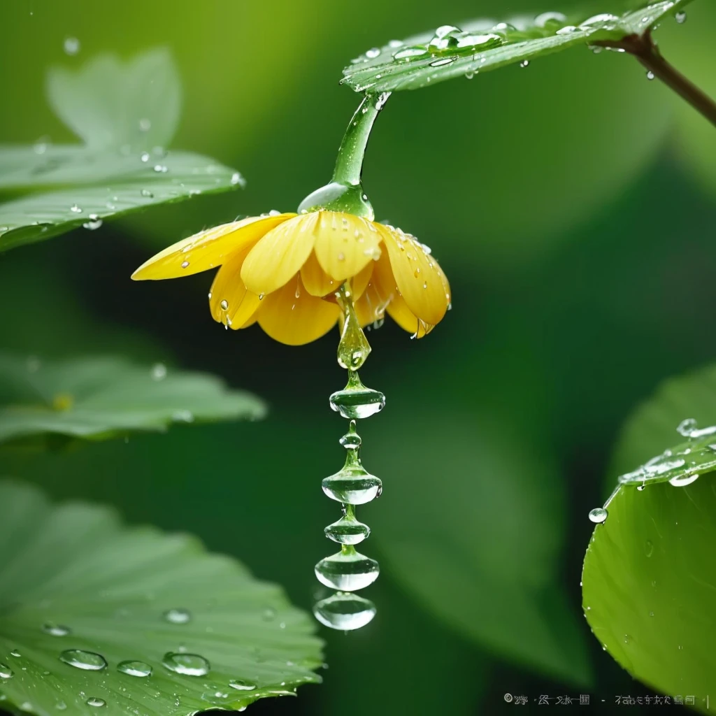 arafed yellow flower with Water Drop hanging from it, water Droplets, raindrop, After the Rain, After the Rain, just After the Rain, Water Drop, Droplets, Water Drop, Dew Drops, drizzle, A drop of water, focus on Droplets, Rain-drenched, raindrop, Water Drop, detailed Droplets, Dripping