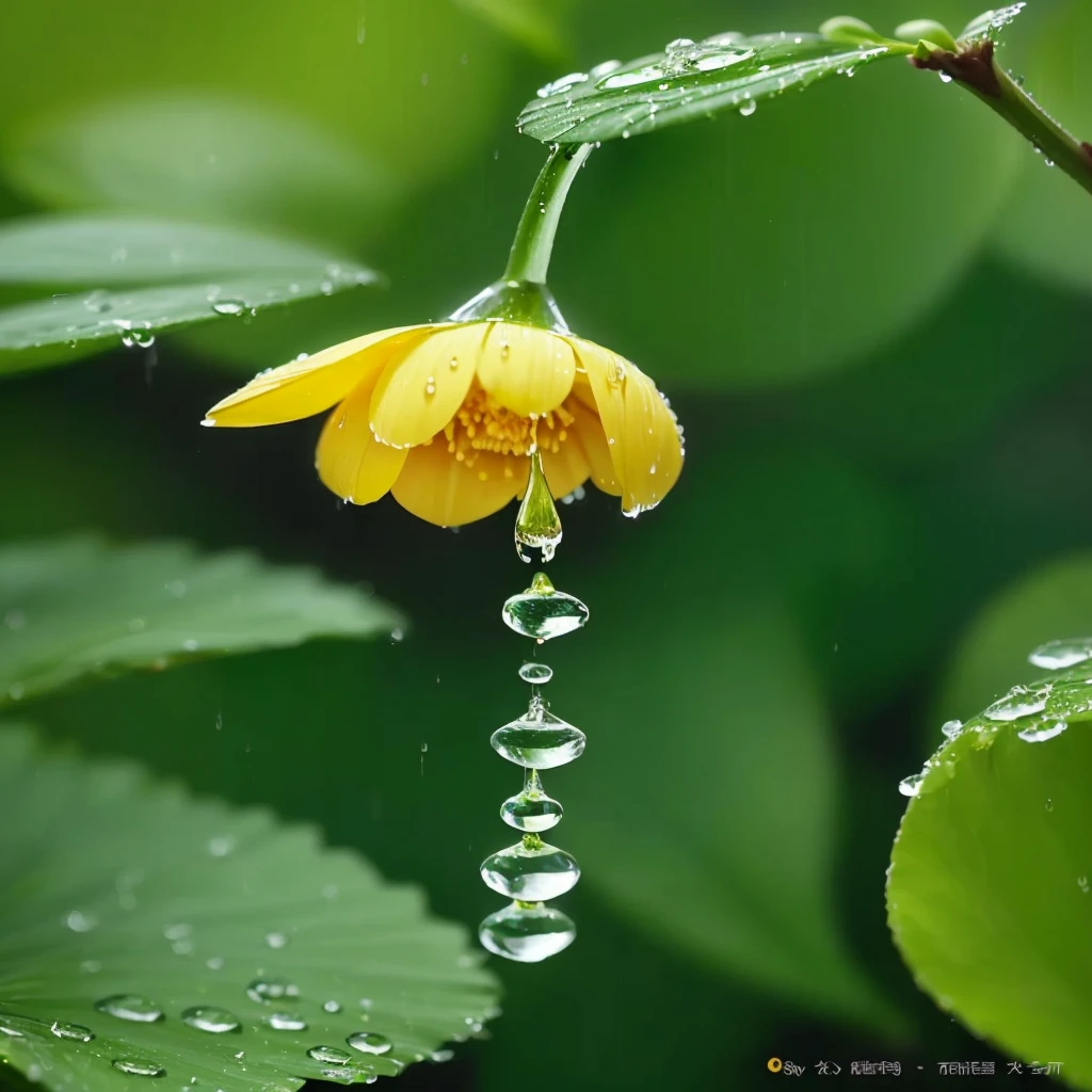 arafed yellow flower with Water Drop hanging from it, water Droplets, raindrop, After the Rain, After the Rain, just After the Rain, Water Drop, Droplets, Water Drop, Dew Drops, drizzle, A drop of water, focus on Droplets, Rain-drenched, raindrop, Water Drop, detailed Droplets, Dripping