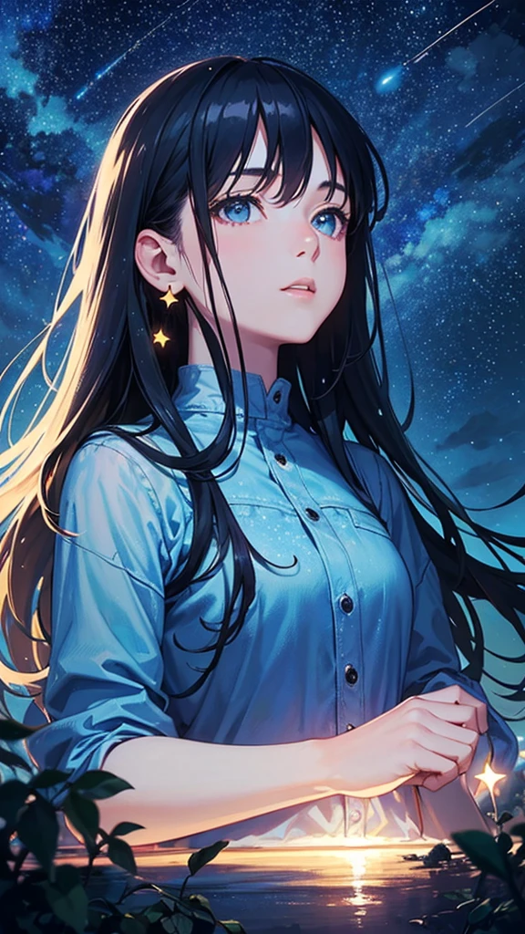 ((masterpiece))、((Highest quality))、((Realistic feel))、((Starry Sky:1.6))、Pitch Black、Deep in the forest、Moonlight shines、Immersion、Cool blue shade、1People Girls、The sky is high、Dim and dim、High Contrast、Super beautiful graphics