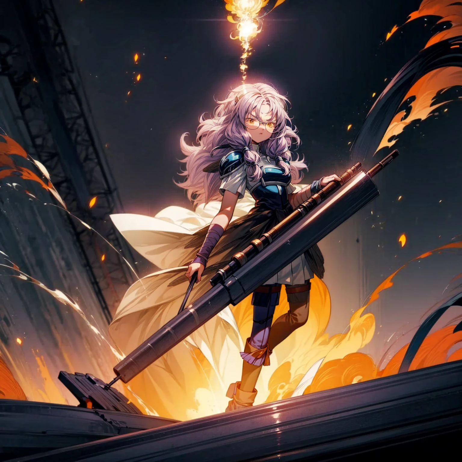 1girl, 1character, gold eyes, long Curly haircut, lavender color hair, army style clothing, white glasses, Long socks, boots army,  full iron armor, bandage on hand, Grassroots, background in fire city street, motion blur, (dragon ball style art), Big robot gun in hand, smoke effect, aura effect, Fire, lighting fire, plasma effect, fire city, (high angle view, full body view version, angry eyes)