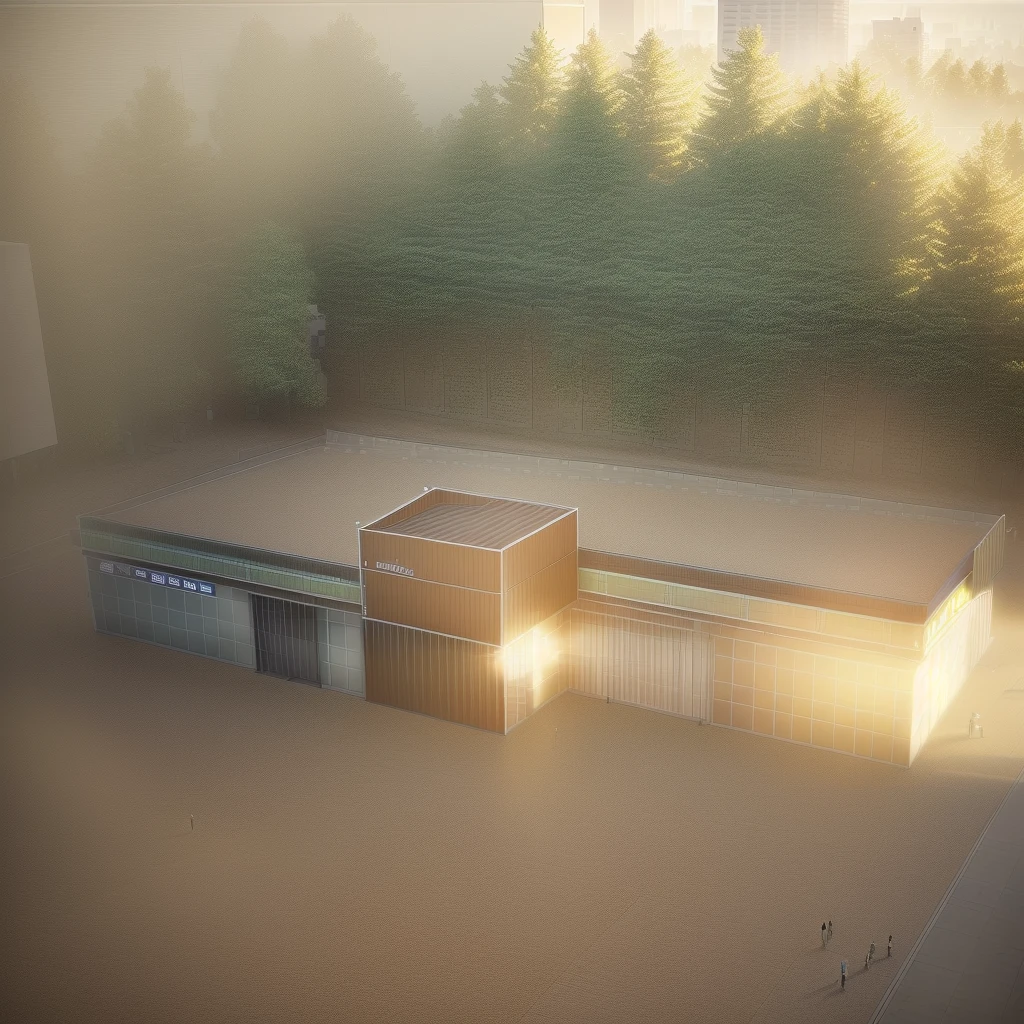 Create a high-quality digital image of a Japanese-style shopping mall inspired by AEON mall. The scene is set in a real-world downtown location, featuring bustling streets and realistic indoor lighting. Many shoppers are seen going to and from the mall. The architecture includes a modern curtain wall design with glass windows, emphasizing a center composition and visible from a three-point perspective. It's a sunny afternoon, with sunlight reflecting off glass panels and illuminating a large entrance door. The mall includes a spacious parking lot and sidewalks lined with big trees. LED-lit billboards are prominently displayed, contributing to the vibrant atmosphere. Capture details like ATMs and additional billboards to enhance the urban feel.