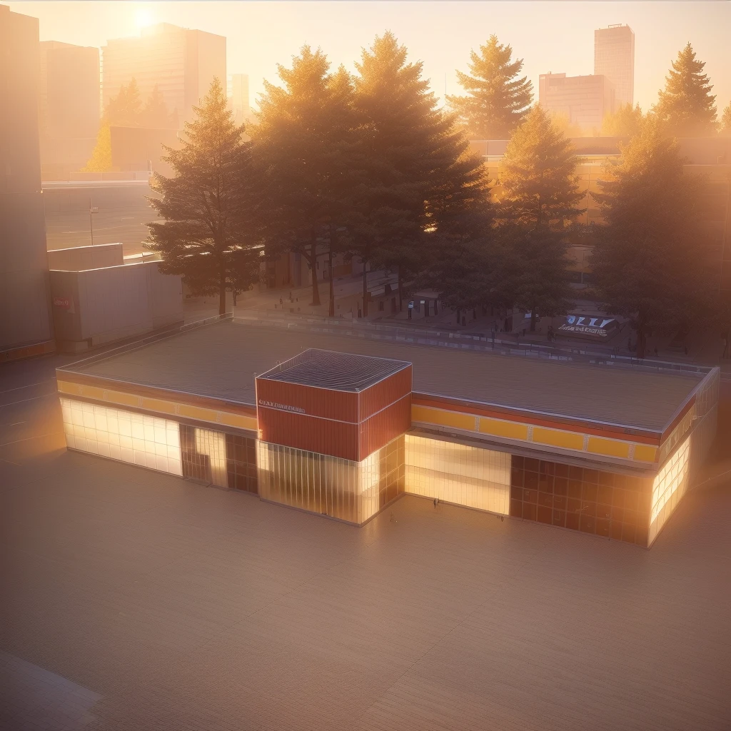 Create a high-quality digital image of a Japanese-style shopping mall inspired by AEON mall. The scene is set in a real-world downtown location, featuring bustling streets and realistic indoor lighting. Many shoppers are seen going to and from the mall. The architecture includes a modern curtain wall design with glass windows, emphasizing a center composition and visible from a three-point perspective. It's a sunny afternoon, with sunlight reflecting off glass panels and illuminating a large entrance door. The mall includes a spacious parking lot and sidewalks lined with big trees. LED-lit billboards are prominently displayed, contributing to the vibrant atmosphere. Capture details like ATMs and additional billboards to enhance the urban feel.