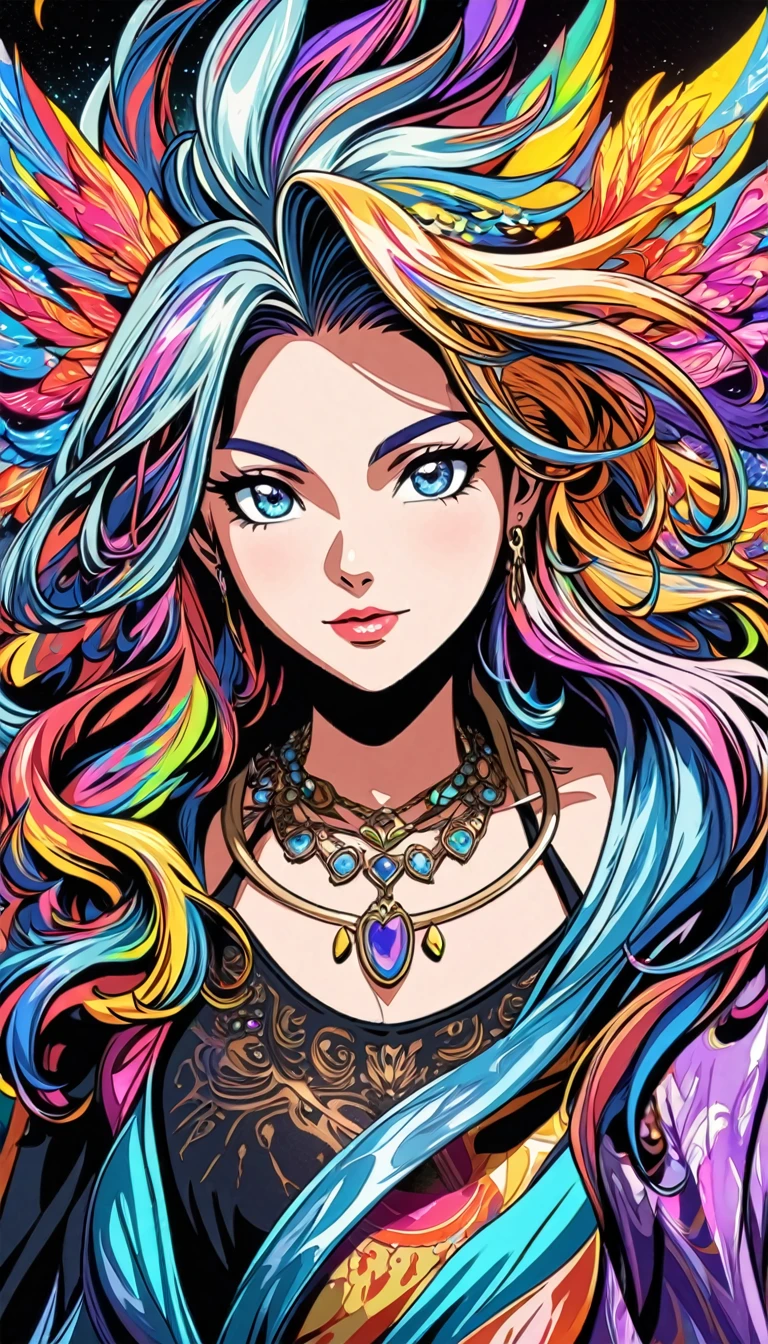 Close-up of a woman with rich and colorful hair and necklace, Anime girl with long space hair, Ross brings out a soft vibrancy, Gouviz-style artwork, Fantasy art style, rich and colorful], Vivid fantasy style, Ross&#39;Vibrant comics, cosmic and rich and colorful, Gewirtz, rich and colorful digital fantasy art, Great art style, Beautiful anime style, Shiny hair