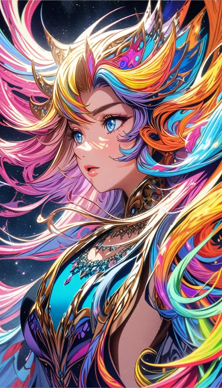 Close-up of a woman with rich and colorful hair and necklace, Anime girl with long space hair, Ross brings out a soft vibrancy, Gouviz-style artwork, Fantasy art style, rich and colorful], Vivid fantasy style, Ross&#39;Vibrant comics, cosmic and rich and colorful, Gewirtz, rich and colorful digital fantasy art, Great art style, Beautiful anime style, Shiny hair