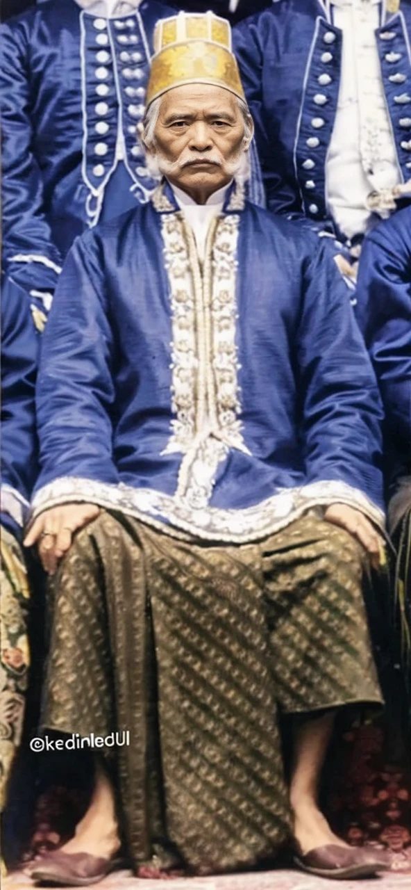 The image is a black and white photograph of a man sitting on the ground, wearing traditional clothing with intricate embroidery.