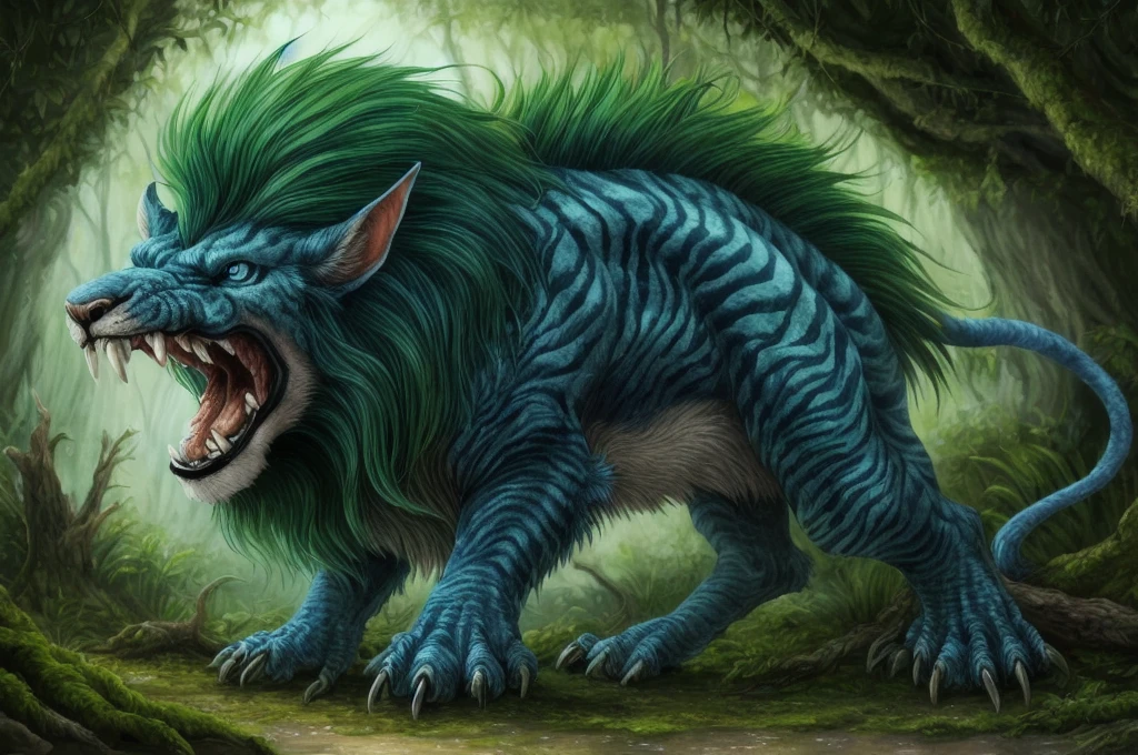 masterpiece, best quality, absuredres,  elvenforestworld, full body, quadruped, lion, tail, pointed ears, branch, vines, leaf, green mane, glowing blue eyes, roaring, fangs,  DarkFantasy